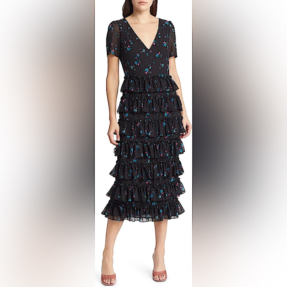 WAYF Darlene Floral Tiered Cocktail Midi Dress Small